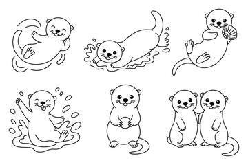 白黒線画スタイルで描かれたかわいいカワウソのキャラクターコレクション