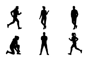 Obraz premium Diverse Silhouette Figures: Running, Standing, Tying Shoes, Active Poses, Vector Icons for Fitness, Health, and Lifestyle Graphics