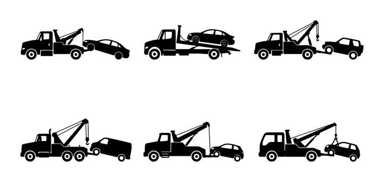 Tow Truck Icons, Vehicle Recovery and Transport Set: Diverse Towing Services, Roadside Assistance, Car Hauling, Flatbed and Wrecker Trucks