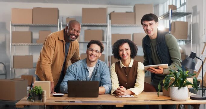 Face, logistics and team with tech and boxes for inventory, management and laugh in stockroom. Men, happy woman and diversity with laptop in warehouse for shipping, storage and stock distribution