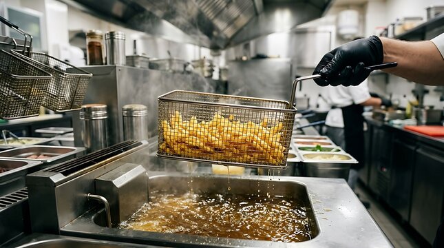 Chef holding a metal fry basket with crispy golden french fries above a deep fryer in a professional restaurant kitchen