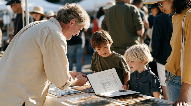 A marquetry craftsman at a crowded craft fair reviewing a bound home inspection report with a family, inlaid wood panel samples spread across the table as he uses decorative
