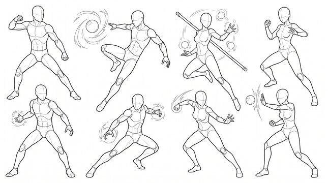 Anime Character Action Pose Reference Sheet with Combat and Magic Styles