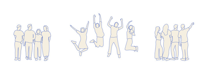 Group of people set. Happy group of people jumping in the air. Group of people standing together. Man points his hand in the direction. Group of people talking to each other. 
