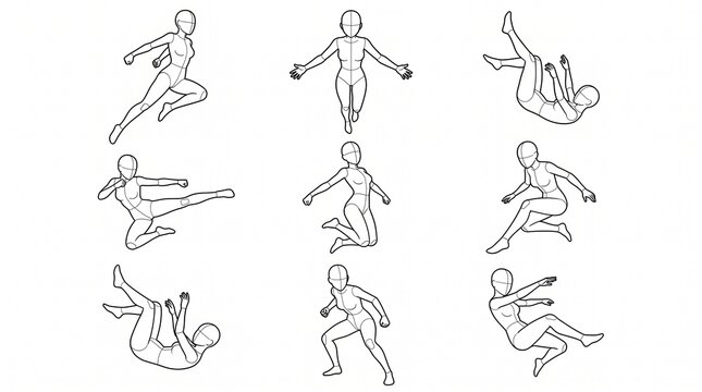 Female Action Poses Reference Sheet for Character Design and Drawing Template