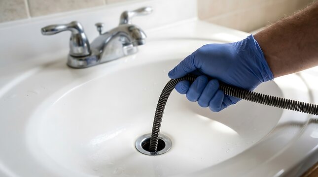 Professional plumber using a drain snake tool to clear a clogged bathroom sink pipe for home maintenance and repair
