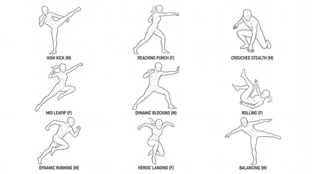 Character Action Pose Reference Sheet - Male and Female Dynamic Figure Sketches