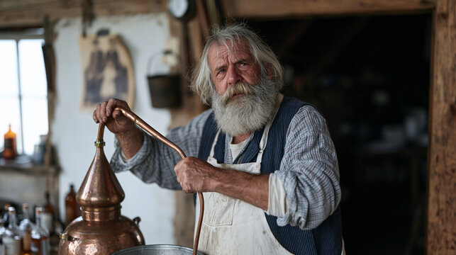 Essential oil distiller stirs a copper alembic in a rain soaked barn doorway, pausing to look at a faded family photograph pinned to the wall beside the still, the before and