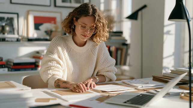 A packaging designer spreading sustainable material samples across a sunlit studio desk at golden hour, reviewing prototype flat-pack structures and embossed label finishes with a