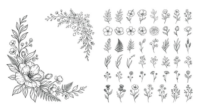 Hand drawn botanical floral sketches and wildflower wreath bundle.