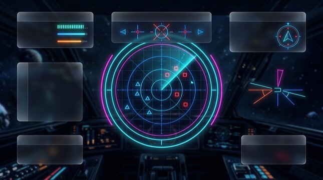 Futuristic spaceship cockpit with glowing radar interface and multiple data screens
