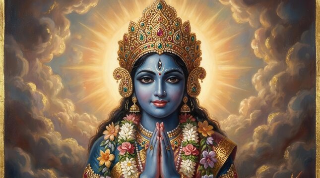 Divine blue deity portrait in prayer pose with ornate golden crown and glowing halo