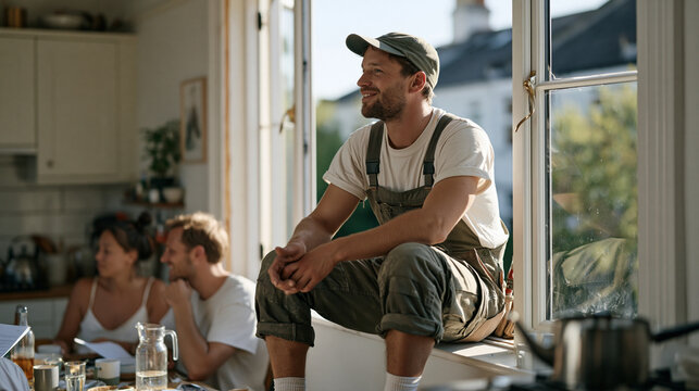 Window fitter in work clothes sits on a modest kitchen windowsill in a terraced house, a couple seated at the table below him mid therapy session, the half installed frame between