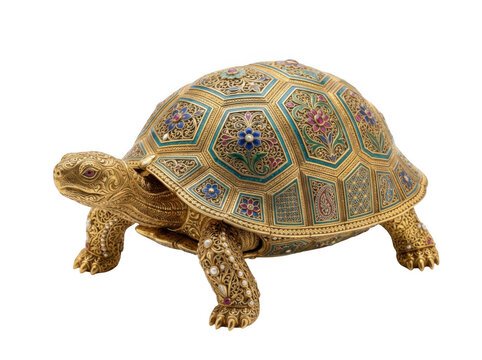 Decorative turtle figurine crafted from gold metal with colorful enamel floral patterns and embedded gemstones on a black background isolated on a transparent background