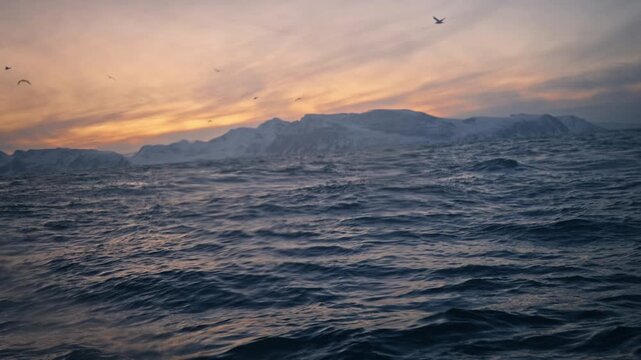 Arctic ocean waves with snowy mountains beneath colorful sunset sky in Norway, water level pov as birds soar in sky