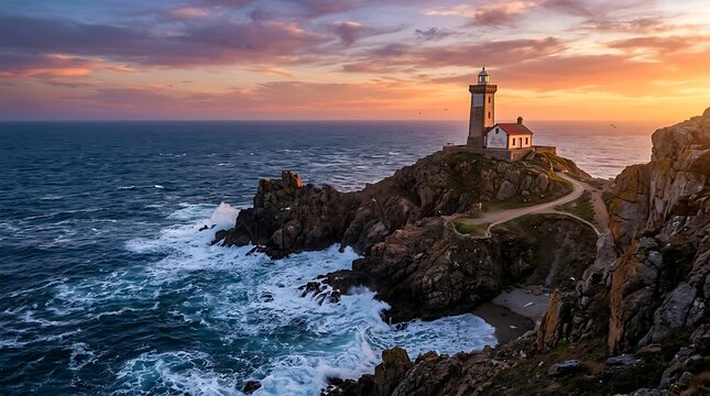 Beautiful lighthouse on a rocky cliff overlooking the blue ocean during a colorful sunset with cloudy orange sky