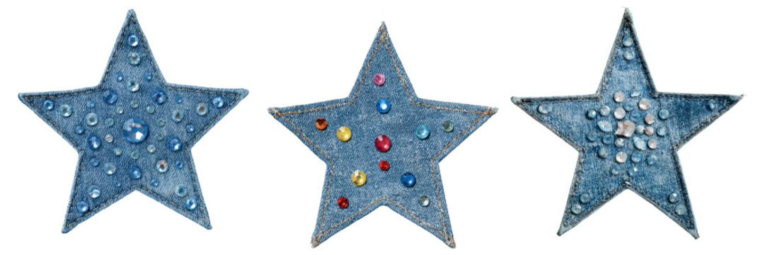 Denim star stickers featuring different rhinestone embellishments, creating a crafty design for scrapbooking, apparel decoration, or vintage textile patches