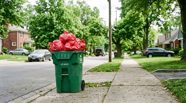 Green trash can overflowing with red plastic garbage bags sitting on a sidewalk in a quiet residential street setting