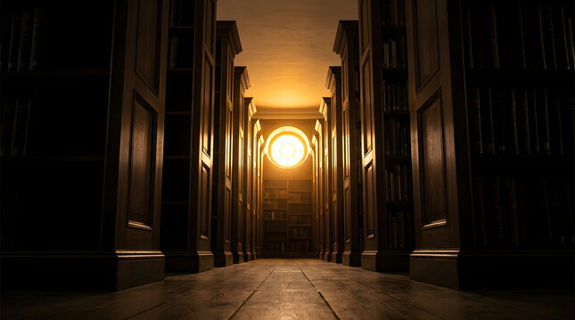 Atmospheric library interior with rows of bookshelves and glowing circular window