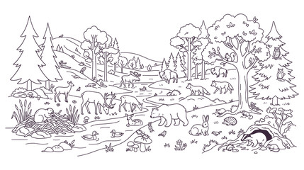 Fototapeta premium Woodland forest scene with diverse animals and trees.