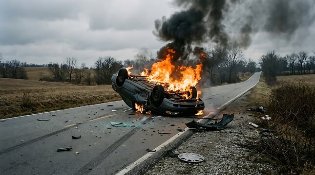 A crashed car overturned and burning with bright flames and dark smoke on the side of a quiet asphalt country road