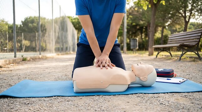 Person performing CPR chest compressions on a medical training mannequin during an outdoor first aid safety class