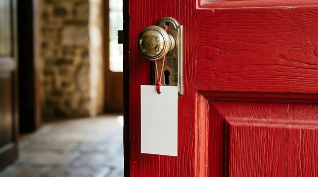 Blank white door hanger tag hanging on a brass handle of a rustic red wooden house door with interior home background