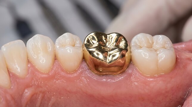 Close up view of a human tooth with a shiny gold dental crown restoration in a row of healthy teeth inside the mouth