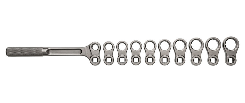 Wrench set metal socket heads lined up horizontally on black background for industrial mechanic repair hardware, stainless steel mechanic hand tools, maintenance torque adapter equipment.