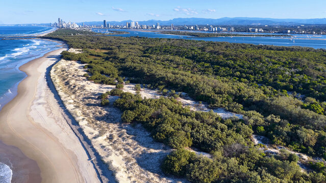 Aerial View of South Stradbroke Island Coastline and Gold Coast Skyline
