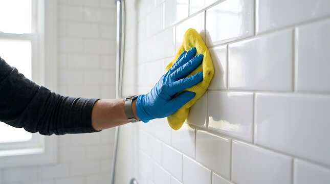 Person wearing blue rubber gloves cleaning white bathroom tiles with a yellow cloth for home maintenance and hygiene