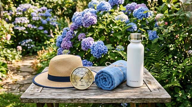 Straw hat thermometer blue towel and metal water bottle on a wooden table in a blooming purple hydrangea garden
