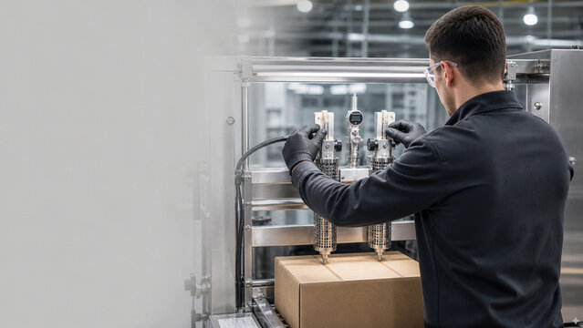 Rear view of a technician in safety glasses and gloves adjusting a dual-head industrial packaging machine in a modern factory.