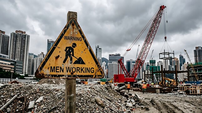 Yellow warning sign for men working at a large construction site with a tall crane and city buildings in the background