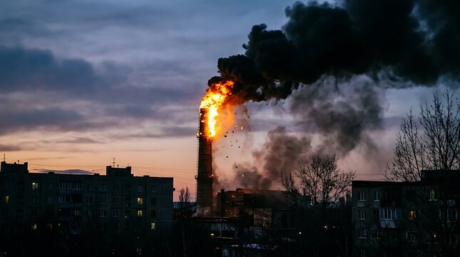 Industrial factory chimney stack with fire and dark smoke rising into the evening sky during a cold winter sunset