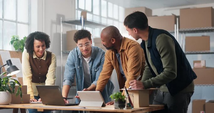 Office, meeting and people on tablet for supply chain, shipping schedule and planning for logistics. Startup, team and workers on tech for inventory list for distribution, delivery report and order