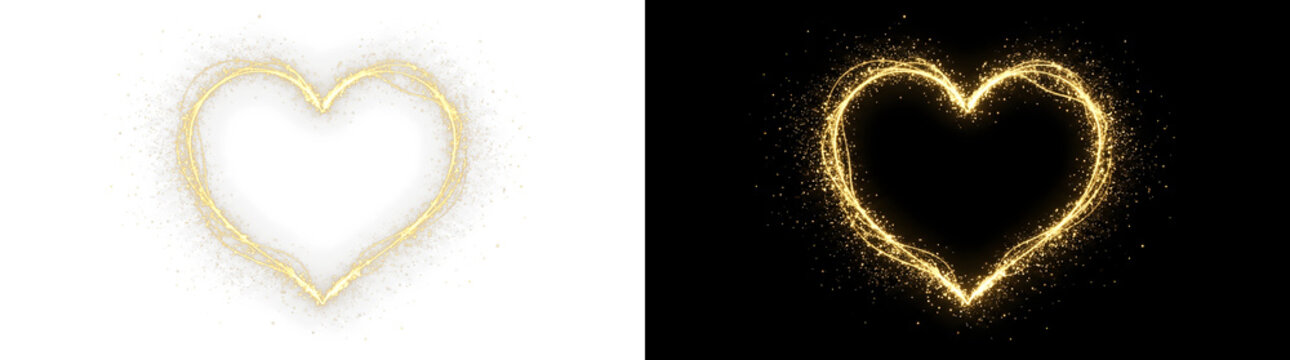 Glowing golden heart shape composed of shimmering light particles with swirling magical dust trails isolated on transparent background