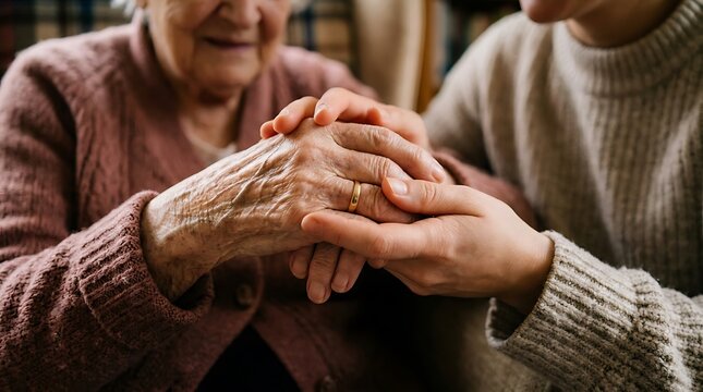 Close up shot of a young person holding the wrinkled hands of an elderly senior for comfort and support indoors