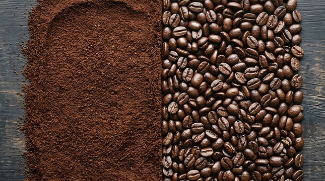 Roasted coffee beans and brown ground coffee powder arranged in a neat vertical split pattern on a dark wood table