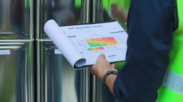 Focused worker holding safety risk assessment matrix paper document near metallic tank structure during industrial compliance inspection