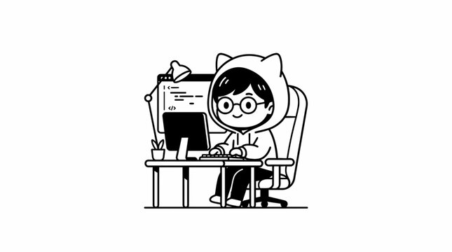 Boy in hooded sweatshirt coding at workstation.