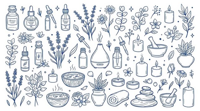 Hand drawn aromatherapy and spa elements collection isolated on white background
