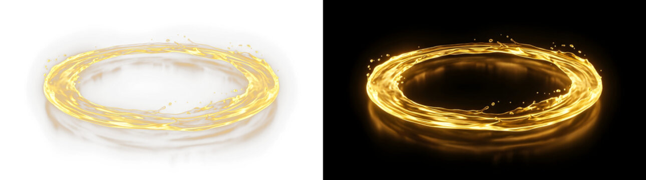 Glowing circular liquid gold splash featuring swirling viscous ripples and dynamic motion effects captured in high detail on transparent background