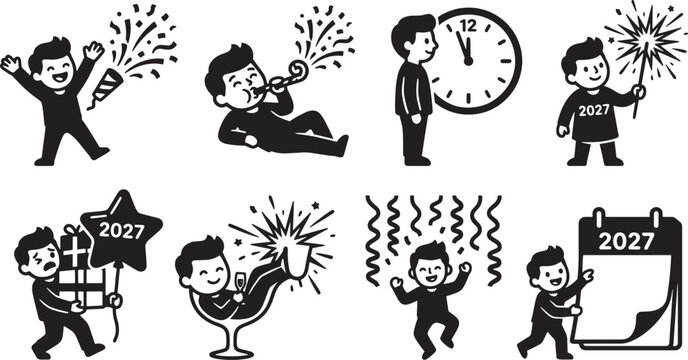 Funny New Year 2027 cartoon celebration set, isolated EPS vector icons. Silhouette businessman holding gifts, calendar, clock, fireworks, sparklers party.