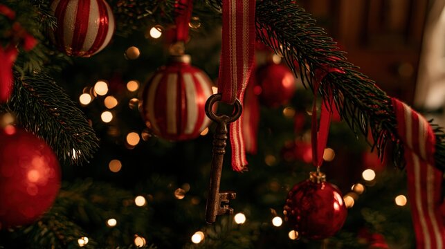 Ornate key hangs as a festive decoration among holiday ornaments.