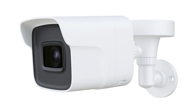 White bullet security camera with black lens and mounting bracket, isolated on transparent background