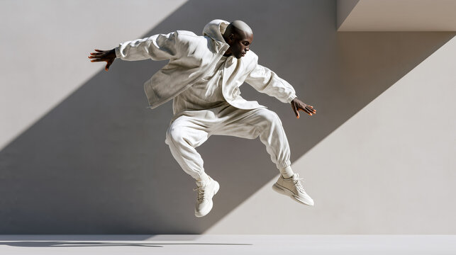 Athlete leaping mid-air in white streetwear against geometric concrete background, dynamic contemporary dance movement, urban fashion editorial with dramatic shadows and copy space.