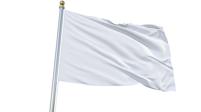 Waving white fabric flag on metal pole, isolated on transparent background