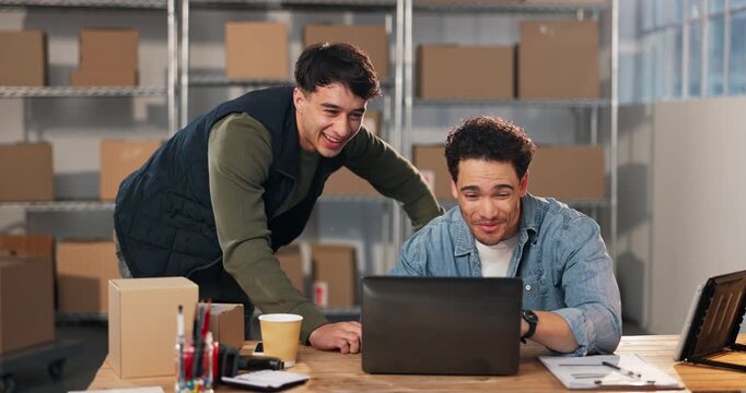 Fist pump, laptop and smile with men in logistics office for delivery or distribution success. Celebration, computer and handshake with supply chain team in workplace for ecommerce goals or target