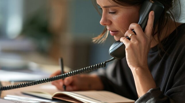 Femme concentr&eacute;e notant des informations en parlant au t&eacute;l&eacute;phone fixe filaire